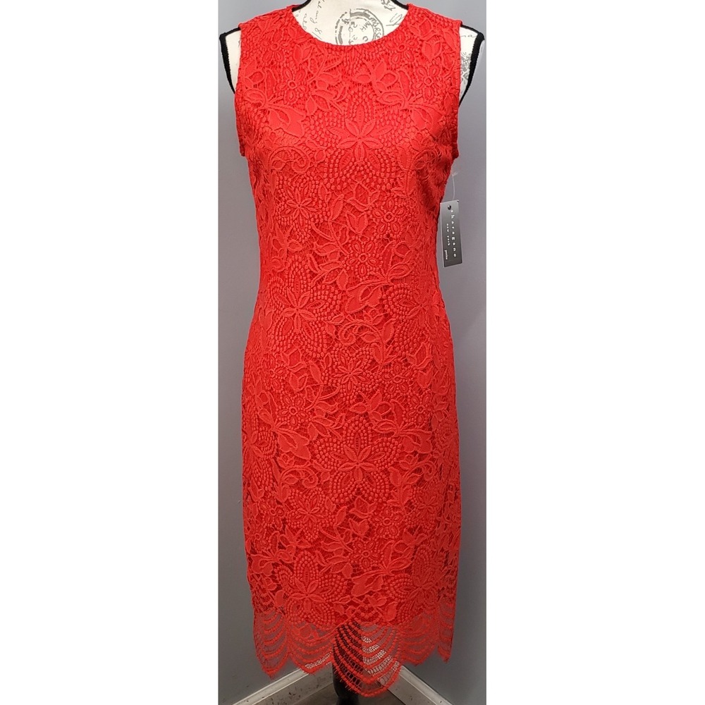Sharagano Cocktail Dress Womens Petite 8P Orange Lace Floral Sleeveless Back Zip